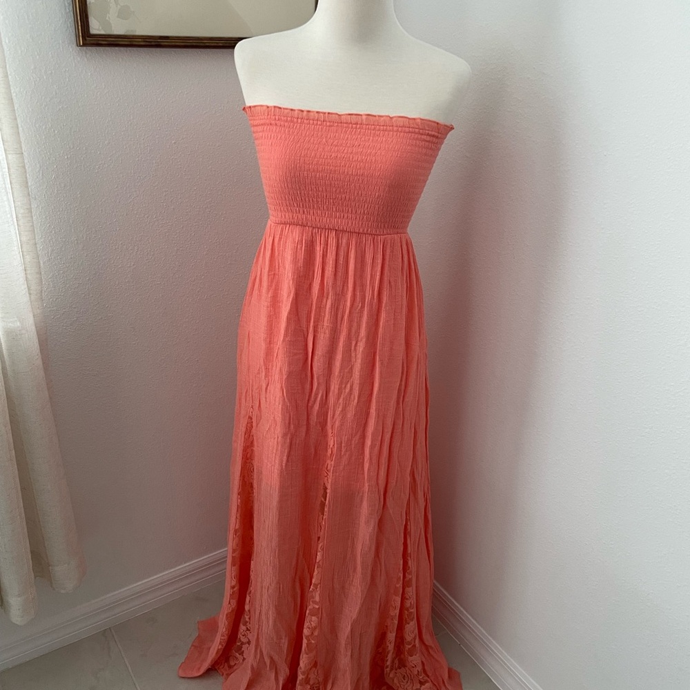 Coral Strapless Maxi Dress